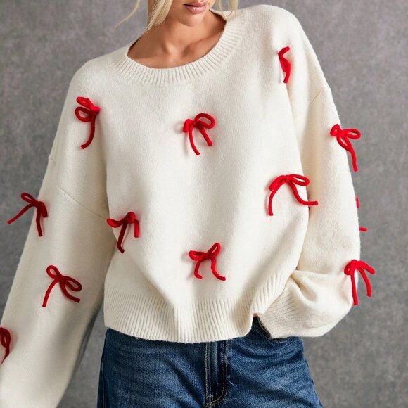 Apricot Casual Women's Christmas Cute Bow Decor Sweater - Picture 2 of 6